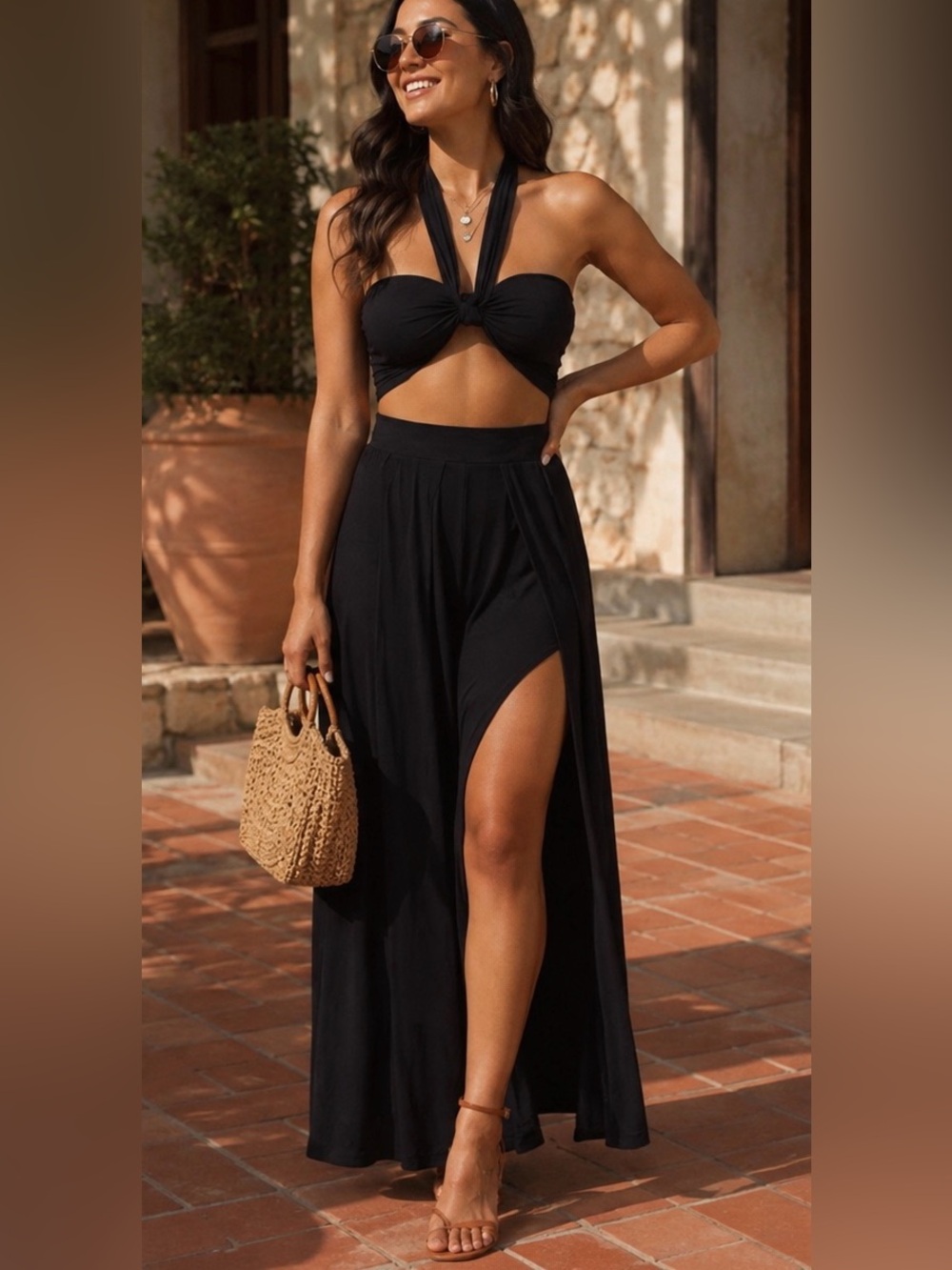 . Good Vibes Black Halter Wrap Crop Top & High Waist Split Pants 2 Piece Set